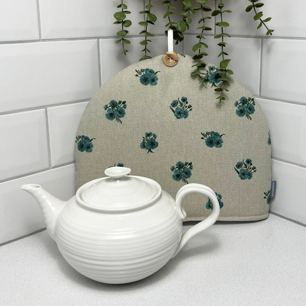 Sophie Allport tea cosy in Blue Poppy print fabric. Handmade by Harris and Home