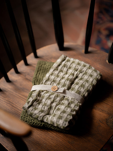 Luxury waffle check Tea Towels – Two Pack – Olive Green