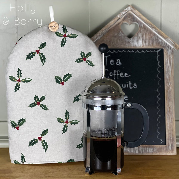 Christmas cafetiere coffee cosy. Handmade in Sophie Allport Christmas fabrics. Robin, Mistletoe, Reindeer Owl Holly fabric