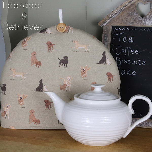 Sophie Allport tea cosy. Handmade in Labrador retriever, bees, robin, owl, pheasant chicken fabrics