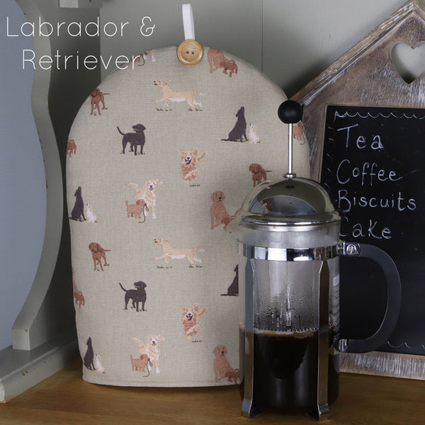 Cafetiere coffee pot cosy cover. Handmade in Sophie Allport Animal print Labrador Retriever Bees Chicken fabric