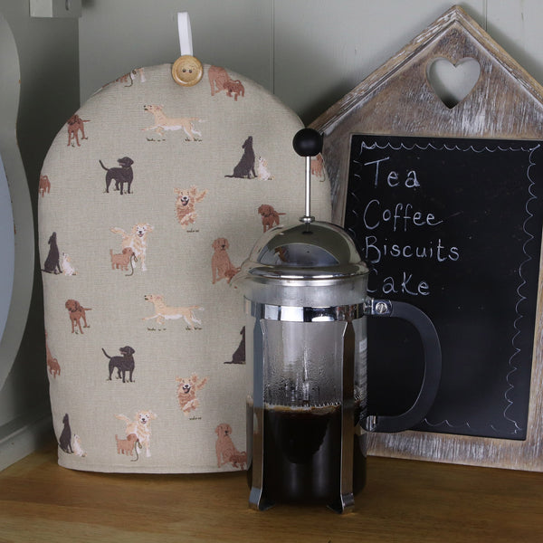 Sophie Allport cafetiere coffee pot cosy in Labrador Retriever print fabric. Handmade by Harris and Home