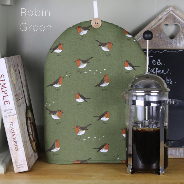 Christmas cafetiere coffee cosy. Handmade in Sophie Allport Christmas fabrics. Robin, Mistletoe, Reindeer Owl Holly fabric