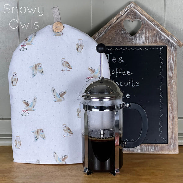 Christmas cafetiere coffee cosy. Handmade in Sophie Allport Christmas fabrics. Robin, Mistletoe, Reindeer Owl Holly fabric