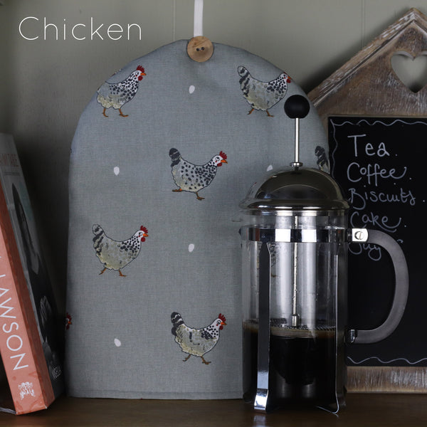 Cafetiere coffee pot cosy cover. Handmade in Sophie Allport Animal print Labrador Retriever Bees Chicken fabric