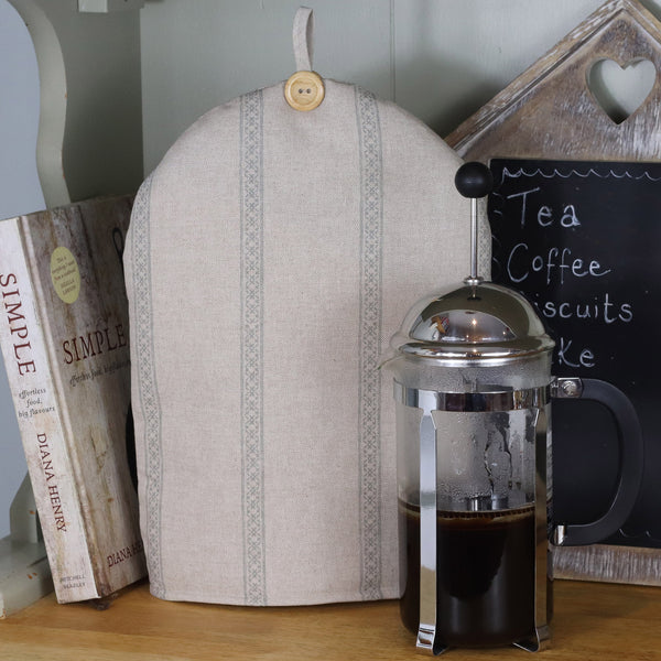 Coffee cafetiere cosy in Farmhouse vintage style fabric in natural linen
