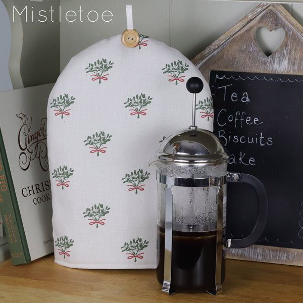 Christmas cafetiere coffee cosy. Handmade in Sophie Allport Christmas fabrics. Robin, Mistletoe, Reindeer Owl Holly fabric