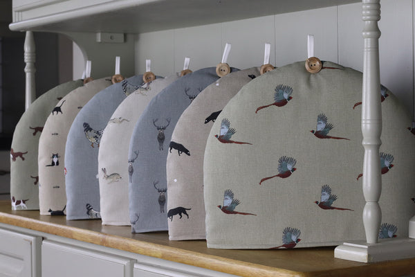 Sophie Allport tea cosy. Handmade in Labrador retriever, bees, robin, owl, pheasant chicken fabrics