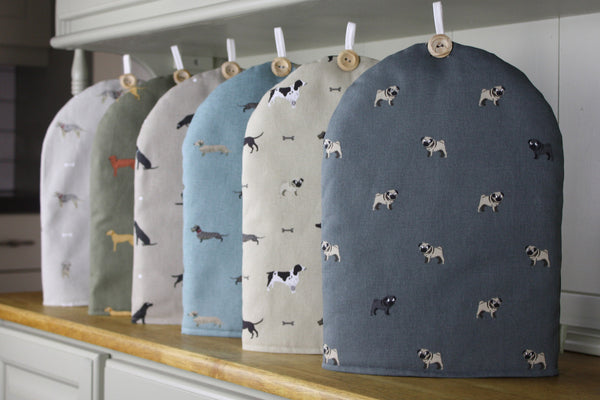 Cafetiere coffee pot cosy cover. Handmade in Sophie Allport Dog fabrics. Labrador Retriever Pug Dachshund fabric