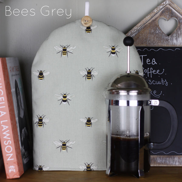 Cafetiere coffee pot cosy cover. Handmade in Sophie Allport Animal print Labrador Retriever Bees Chicken fabric