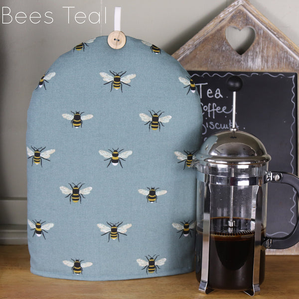 Cafetiere coffee pot cosy cover. Handmade in Sophie Allport Animal print Labrador Retriever Bees Chicken fabric