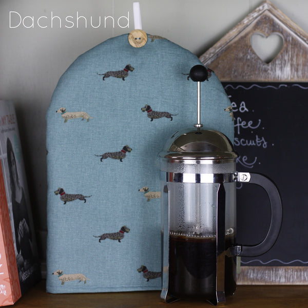 Cafetiere coffee pot cosy cover. Handmade in Sophie Allport Animal print Labrador Retriever Bees Chicken fabric