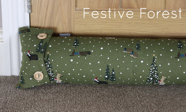 Sophie Allport draught excluder. Handmade by Harris and Home in animal Dog Stag Chicken Sheep Flamingo Christmas Fabric
