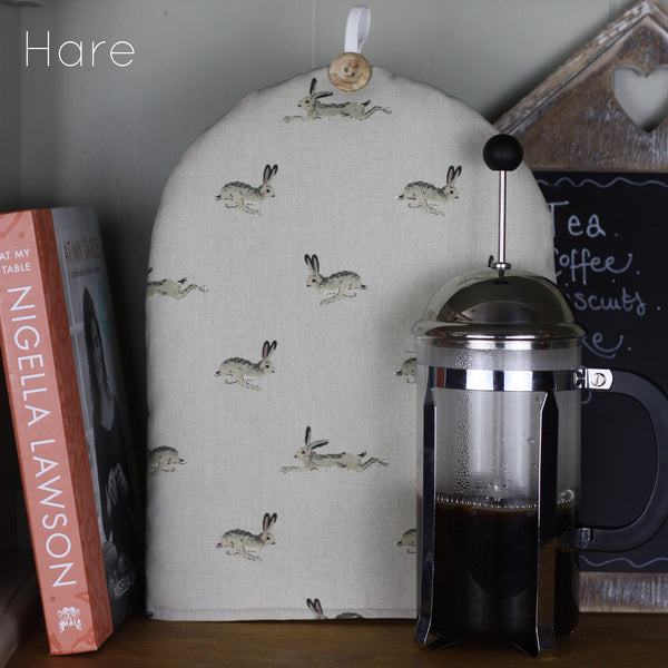 Cafetiere coffee pot cosy cover. Handmade in Sophie Allport Animal print Labrador Retriever Bees Chicken fabric
