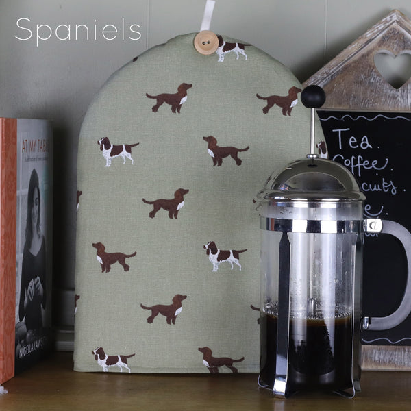 50% off. 'Almost Perfect' Cafetiere French Press coffee cosy cover. Handmade in Sophie Allport Dog Print Spaniels Woof Speedy Dogs fabric